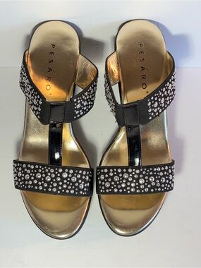 Pesaro Hill Black Rhinestone Wedge Sandals – Size 9M